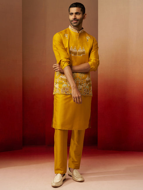 Men Mustard Silk 3-Piece Nehru Jacket Set